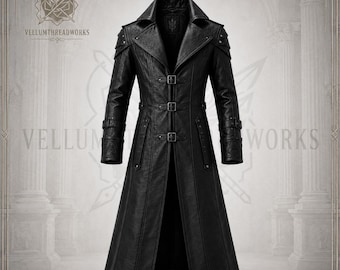 Men's Black Leather Gothic Trench Coat: Steampunk Vampire Duster Jacket