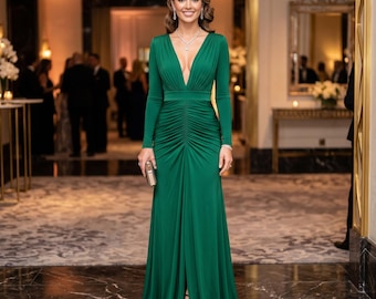 Emerald Green Long Sleeve Wrap Jersey Gown, Deep V Neck Ruched Maxi Dress, Elegant Evening Dress for Women, Formal Prom Wedding Guest Dress