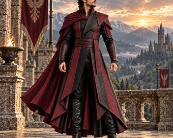 Crimson Falcon Commander Coat, Men's Gothic Fantasy Costume, Medieval LARP Outfit