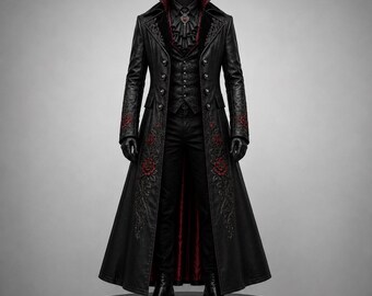 Men's Black Leather Victorian Gothic Long Coat, Embroidered Rose Duster Jacket