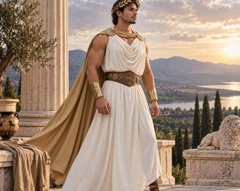 Men's Greek God Costume, Ancient Greek Toga with Gold Cape, Mythology Cosplay