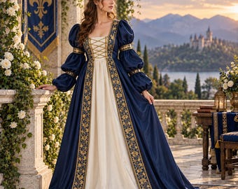 Navy Blue Medieval Dress, Tudor-Inspired Gown with Lace-Up Bodice & Puff Sleeves