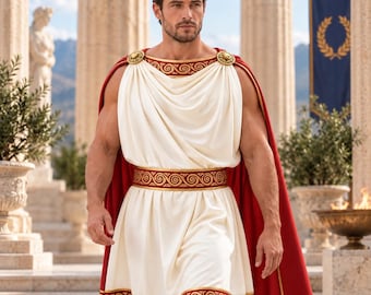 Men's Roman Toga Costume, Emperor Robe with Red Cape, Renaissance Faire Cosplay