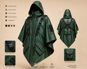 Emerald Green Leather Hooded Poncho, Tactical Techwear Cape with Utility Pockets