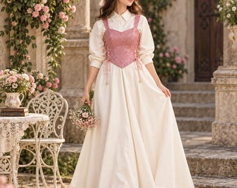 Ivory Cottagecore Maxi Dress, Pink Glitter Corset Bodice, Romantic Prairie Gown