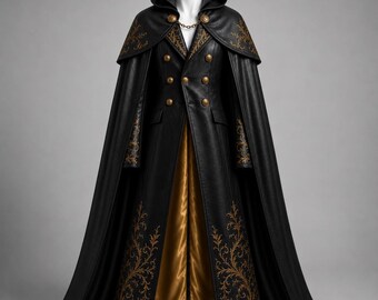Handmade Black Leather Gothic Cloak Coat, Detachable Hooded Cape, Vampire Lord Costume