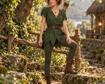 Peter Pan Inspired Costume for Women, Forest Green Fantasy Tunic Set with Trousers, Belt & Cap