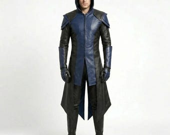 Handmade Black Blue Leather Assassin Duster Coat, Hooded Vigilante Cosplay Outfit