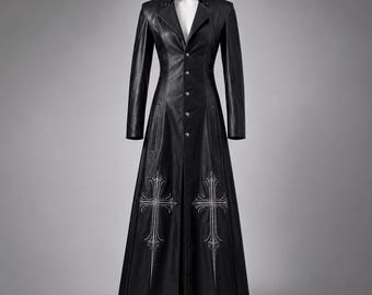 Handmade Black Leather Gothic Trench Coat, Medieval Cross Jacket, Vampire Style Overcoat