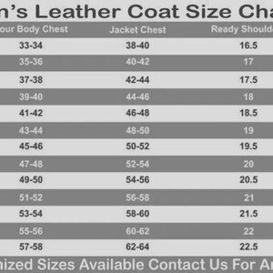 May include: A leather coat size chart with a gray and white striped background. The table lists sizes from XXS to 8XL, including columns for body chest, jacket chest, shoulders, and sleeves in inches. Text at the bottom reads: Note: Customized Sizes Available Contact Us For Any Confusion.