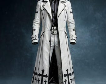 Gabardina gótica blanca de cuero con detalle de cruz negra, chaqueta de moda alternativa para hombre.