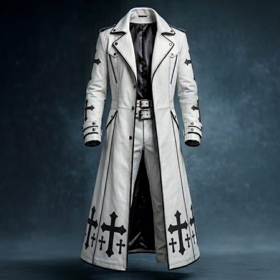 White Gothic Leather Trench Coat, Black Cross Detail, Alternative Mens Fashion Jacket