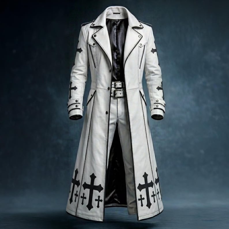 White gothic long trench coat featuring black cross embellishments, tailored silhouette, full-length design, alternative fashion outerwear, front and back view displayed on dark background.