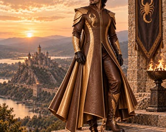 Scorpion Fantasy Costume for Men, Brown Leather Warrior Coat, Medieval LARP Outfit with Cape