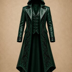 May include: A dark green hooded long coat featuring a structured silhouette with a pointed hemline. The coat is adorned with intricate black floral embroidery along the front panels and cuffs, layered over a matching dark green buttoned vest.