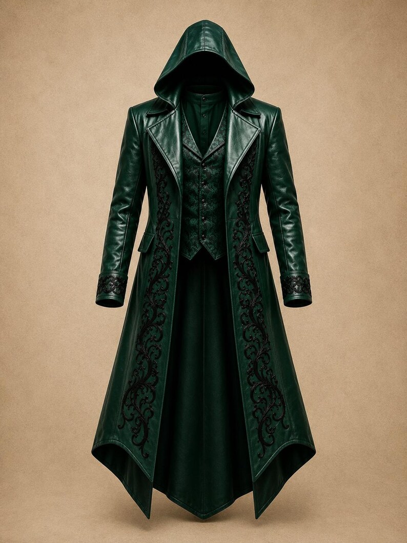 May include: A dark green hooded long coat featuring a structured silhouette with a pointed hemline. The coat is adorned with intricate black floral embroidery along the front panels and cuffs, layered over a matching dark green buttoned vest.