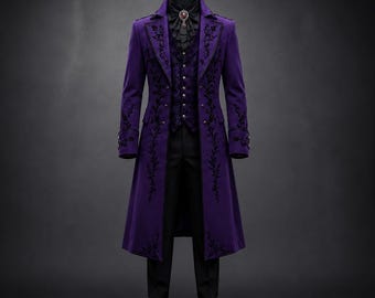 Luxury Gothic Prince Jacket, Purple Victorian Tailcoat, Alternative Formal Wear, Vampire Coat, Steampunk Aristocrat Wedding Outfit