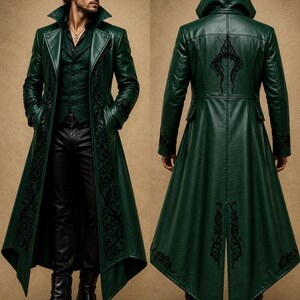 May include: A long, dark green coat featuring a structured collar, long sleeves, and black floral embroidery along the front panels and cuffs. The back view displays a hood, a central back vent, and additional black embroidery on the upper back.