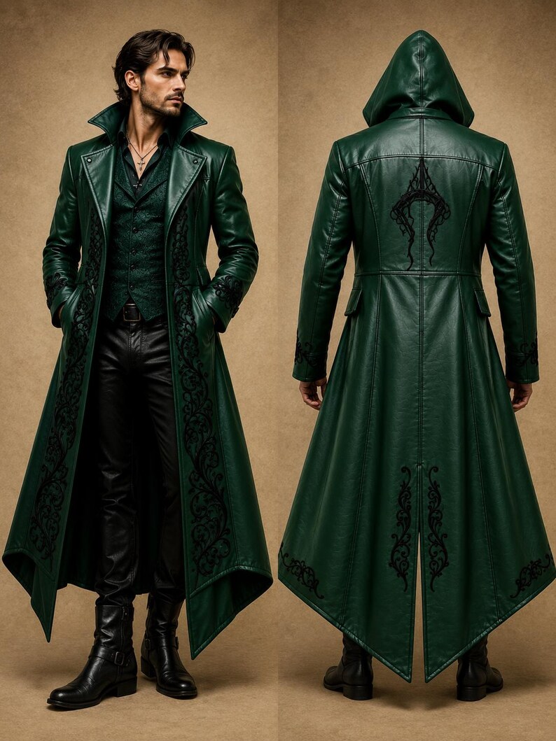 May include: A long, dark green coat featuring a structured collar, long sleeves, and black floral embroidery along the front panels and cuffs. The back view displays a hood, a central back vent, and additional black embroidery on the upper back.