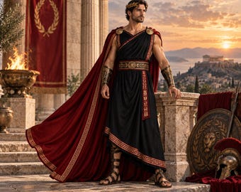 Ancient Roman Warrior Costume, Black Toga with Crimson Cape, LARP Cosplay Outfit
