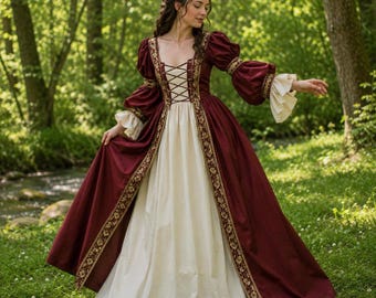 Burgundy Renaissance Dress, Medieval Gown with Lace-Up Bodice, Puff Sleeves & Embroidered Trim