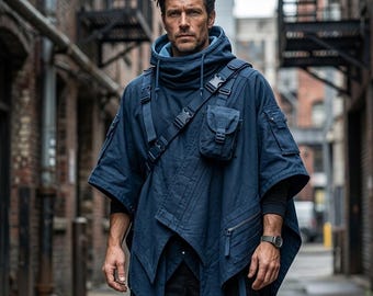 Techwear Tactical Hooded Poncho – Blue Utility Cloak Cape – Cyberpunk Streetwear Hoodie
