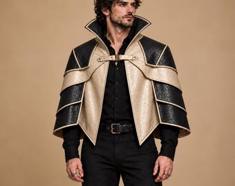 Men's Black & Beige Leather Cape, Gothic Fantasy Cloak, Medieval LARP Costume