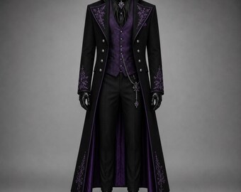 Luxury Gothic Tailcoat: Black Victorian Aristocrat Coat with Royal Blue Embroidery