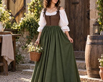 Renaissance Peasant Dress Women Medieval Festival Costume Laced Corset Top Puff Sleeve Skirt