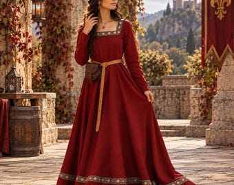 Red Medieval Dress for Women, Renaissance Gown, Long Sleeve LARP Costume