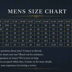 May include: A dark blue size chart for apparel with white text and gold lines. The table lists measurements in inches for body chest, jacket size, jacket chest, waist, hip, shoulder, and sleeves. Below the table are contact and support icons.
