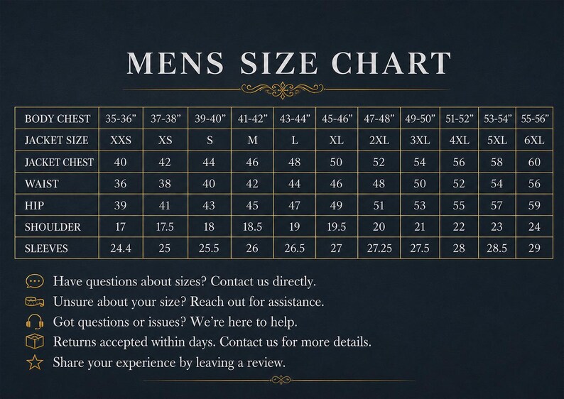 May include: A dark blue size chart for apparel with white text and gold lines. The table lists measurements in inches for body chest, jacket size, jacket chest, waist, hip, shoulder, and sleeves. Below the table are contact and support icons.