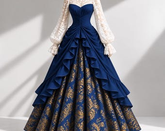 Navy Blue Renaissance Ball Gown, Victorian Lace Sleeves, Gold Pattern Skirt