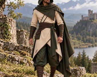 Medieval Ranger Costume Hooded Elven Cape Fantasy Tunic Set Cosplay LARP Mens Renaissance Faire Outfit
