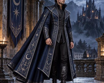 Moon Warden Coat, Men's Gothic Fantasy Costume with Detachable Cape, Medieval LARP