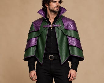 Halloween Green & Purple Leather Cape, Men's Gothic Sorcerer Mantle, Fantasy LARP Costume