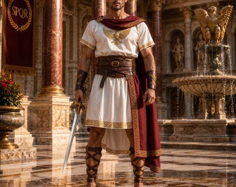 Roman Emperor Tunic Costume | Linen-Style Warrior Tunic, Leather Belt, Sash, Cuffs