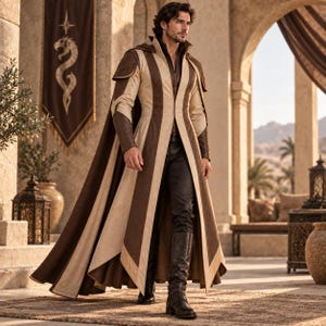 May include: A long, structured coat featuring alternating vertical panels of beige and dark brown fabric, a high collar, and shoulder epaulets. The garment is worn over dark trousers and tall, dark leather boots, creating a layered appearance.