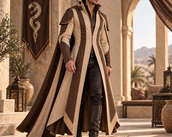 Desert Warrior Costume for Men, Medieval Fantasy Coat with Cape, LARP Cosplay Outfit