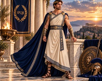 Roman Nobleman Costume, Beige Toga with Navy Blue Cape, Ancient Rome LARP Outfit
