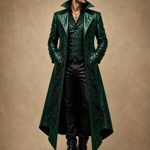 May include: A long, dark green leather trench coat featuring black ornate embroidery along the lapels and cuffs, worn over a dark green patterned vest, a black collared shirt, black trousers, and black leather boots with side buckles.