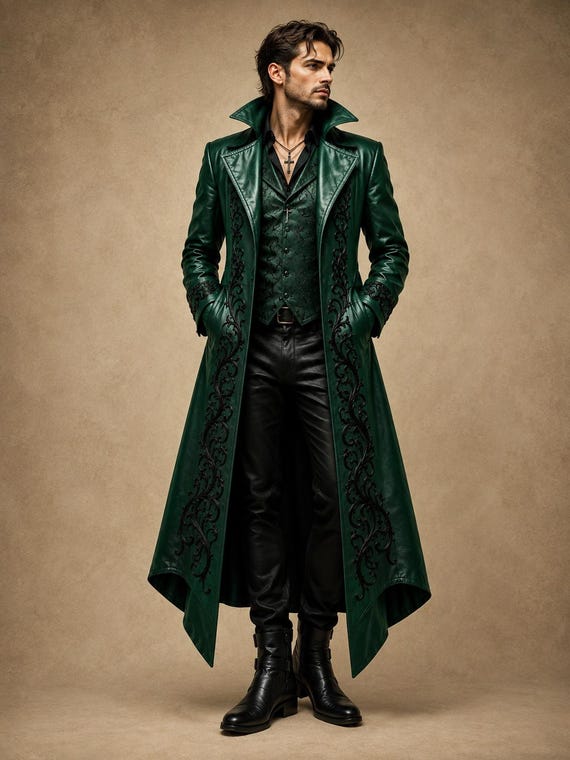 Renaissance Festival Men's Emerald Green Gothic Leather Coat, Hooded Victorian Trench, Black Embroidered Steampunk