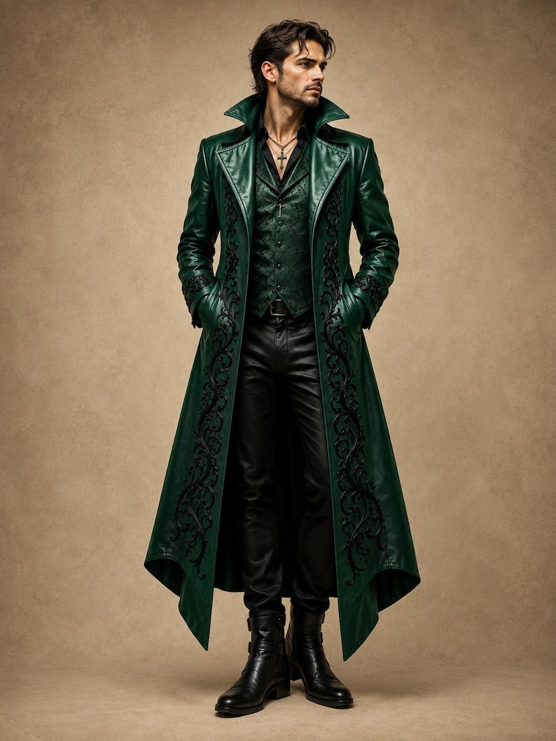 May include: A long, dark green leather trench coat featuring black ornate embroidery along the lapels and cuffs, worn over a dark green patterned vest, a black collared shirt, black trousers, and black leather boots with side buckles.