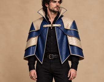 Navy Blue Leather Cape, Men's Gothic Renaissance Cloak, Halloween LARP Costume
