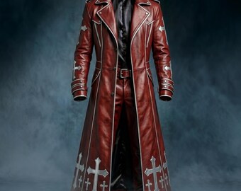 Red Leather Trench Coat, Gothic Cross Duster Jacket, Anime Cosplay Apparel