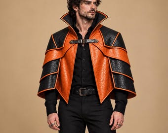 Black & Orange Leather Cape for Men, Steampunk Gothic Costume, Fantasy Cosplay