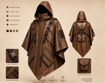Brown Leather Hooded Poncho, Tactical Techwear Cape, Utility Pockets, Gothic Y2K Outerwear