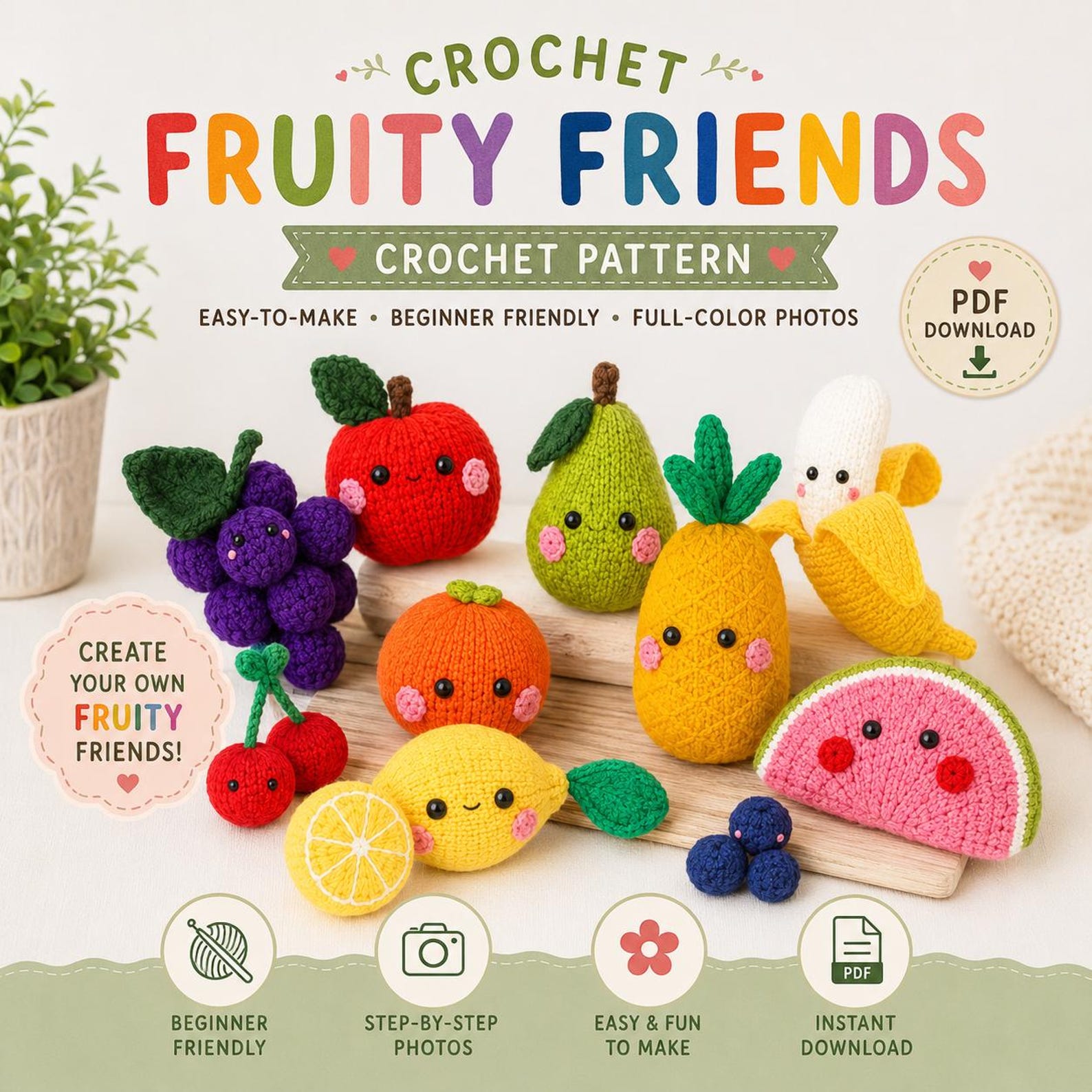 Collection of colorful kawaii fruit amigurumi including strawberry, orange, and pineapple with embroidered smiling faces