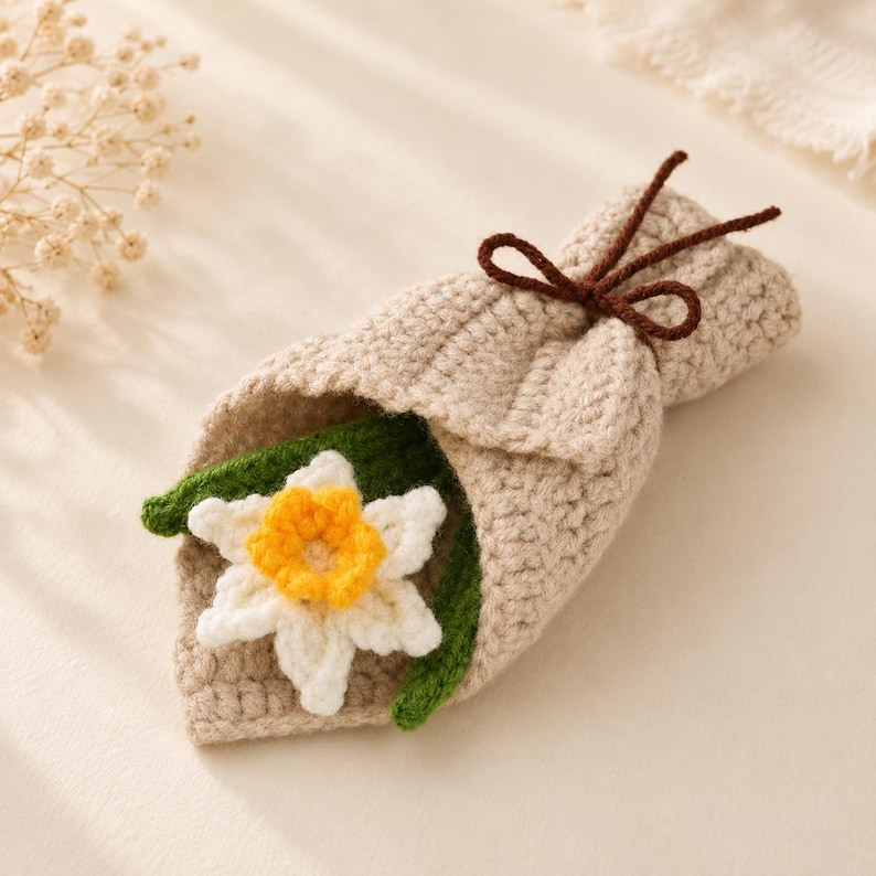 Finished narcissus bouquet with multiple white and yellow crochet flowers and wired green stems arranged together
