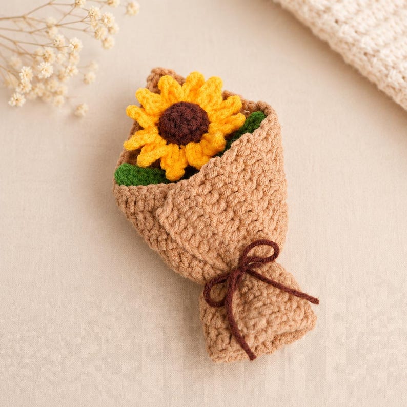 Multiple crocheted sunflowers bundled together with green leaves and wired stems wrapped in paper